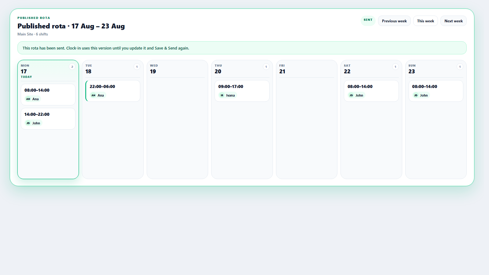Published rota used for clock-in after Save and Send