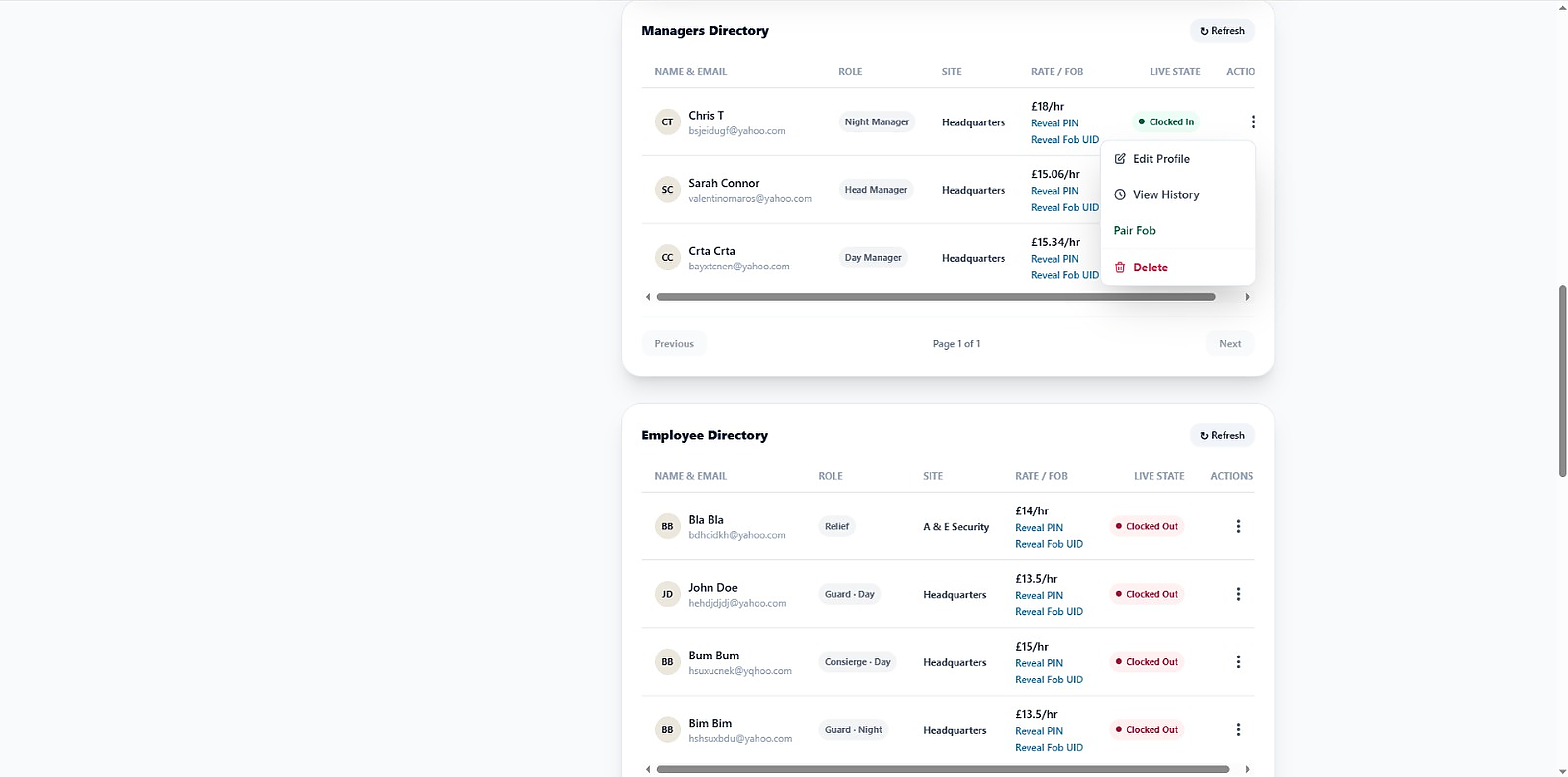 Managers and employee directories on Live Floor